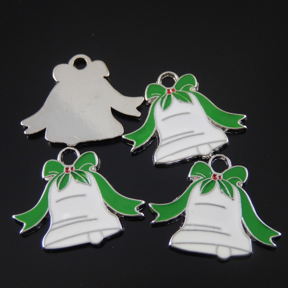 20 pcs Christmas Charm Bell Shaped Enamel Paint Pendant DIY Crafts 21x18mm