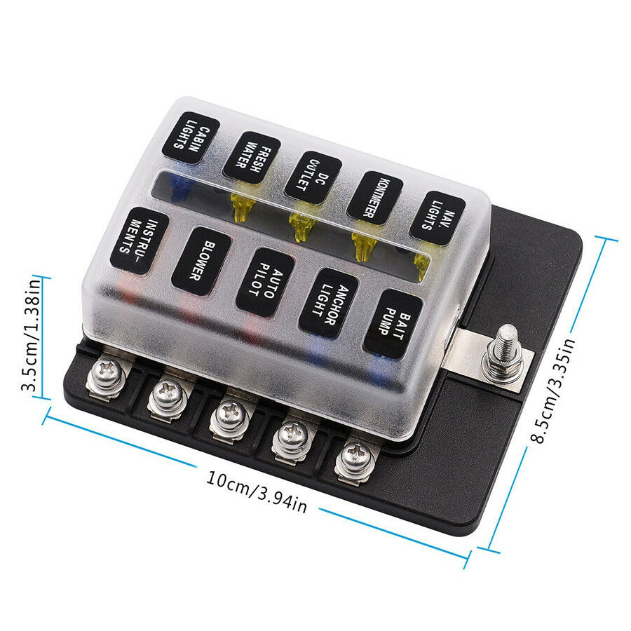 10-Way Blade Fuse Box Block Holder LED Indicator w/ Fuses For Car Truck Marine