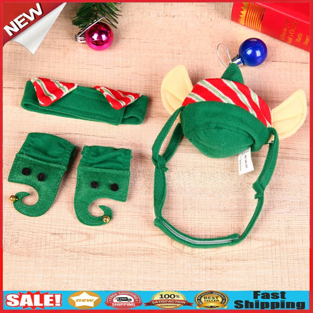 4pcs Pet Hat Set Warm Dogs Cats Christmas Green Hat+Necklace+Feet Sleeve @