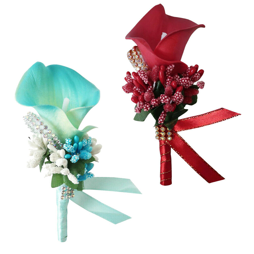 Set 2 Cute Calla Berry Rhinestone Groom Bridal Wedding Corsage Sky Blue+Red