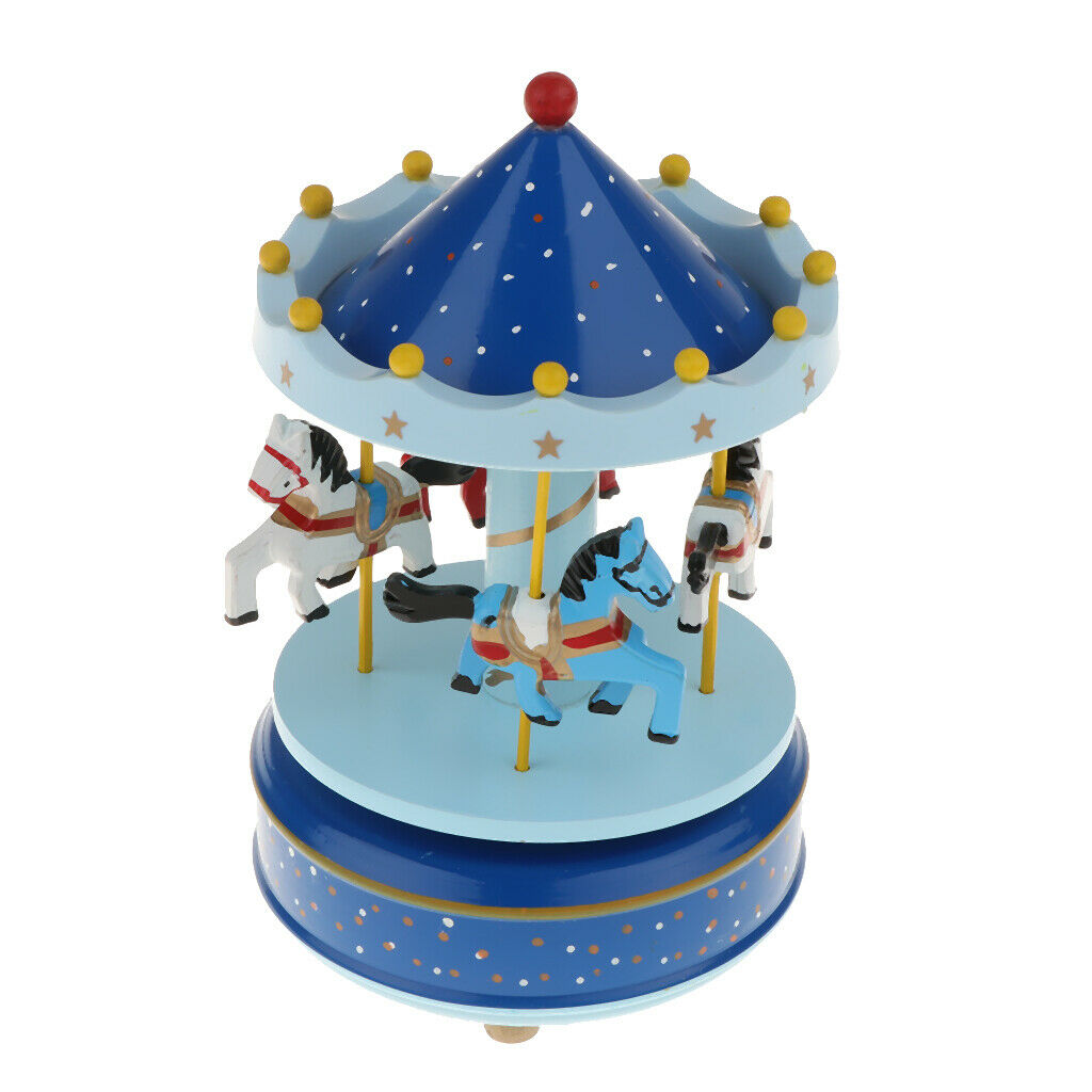 Wooden Merry-GO-Round Carousel Music Box  Wind Up Music Box  Blue with Dot