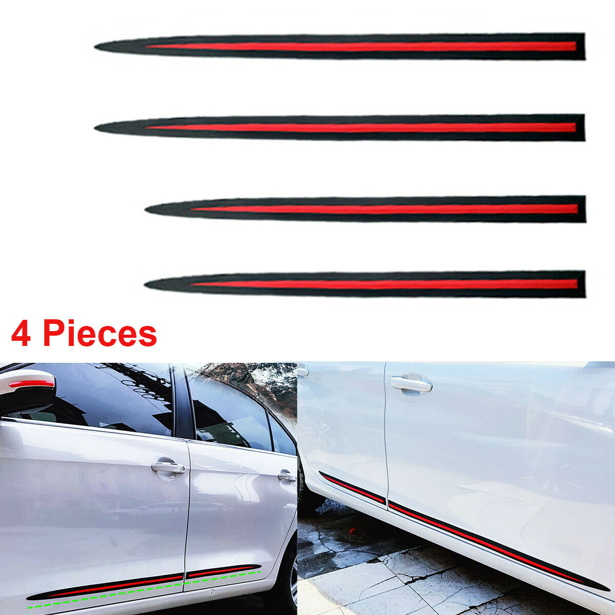 4 Pieces 75cm& 60cm Black& Red Car Body Side Skirt Line Decoration Strips Cover