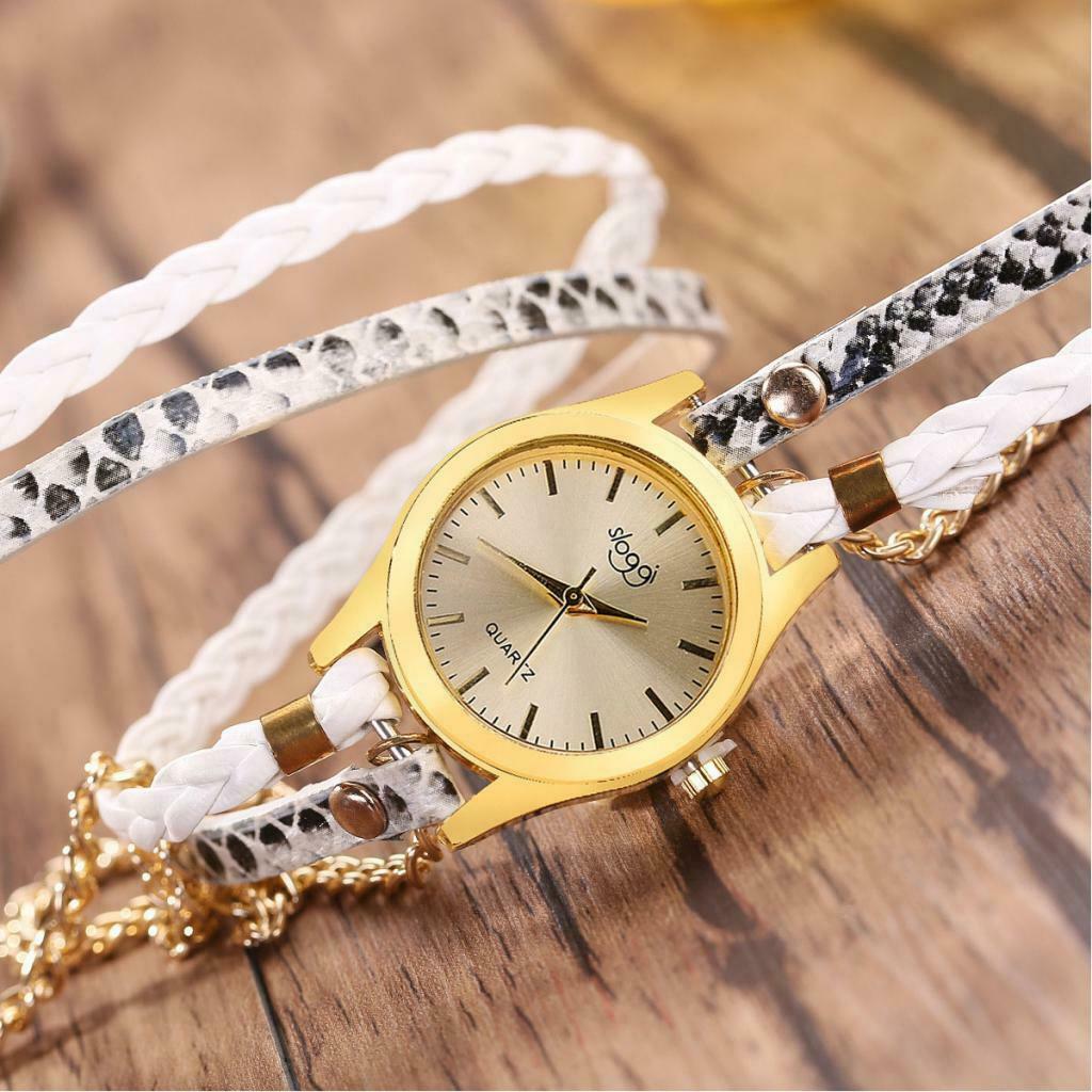 Womens Multilayer Wristwatch Weave Wrap Leather Bracelet Wrist Watch White