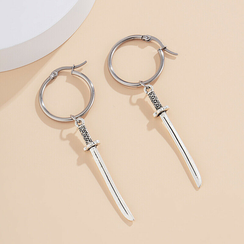 Fashion Sword Shape Pendant Tassel Drop Dangle Earrings Stud Women Men Je.l8