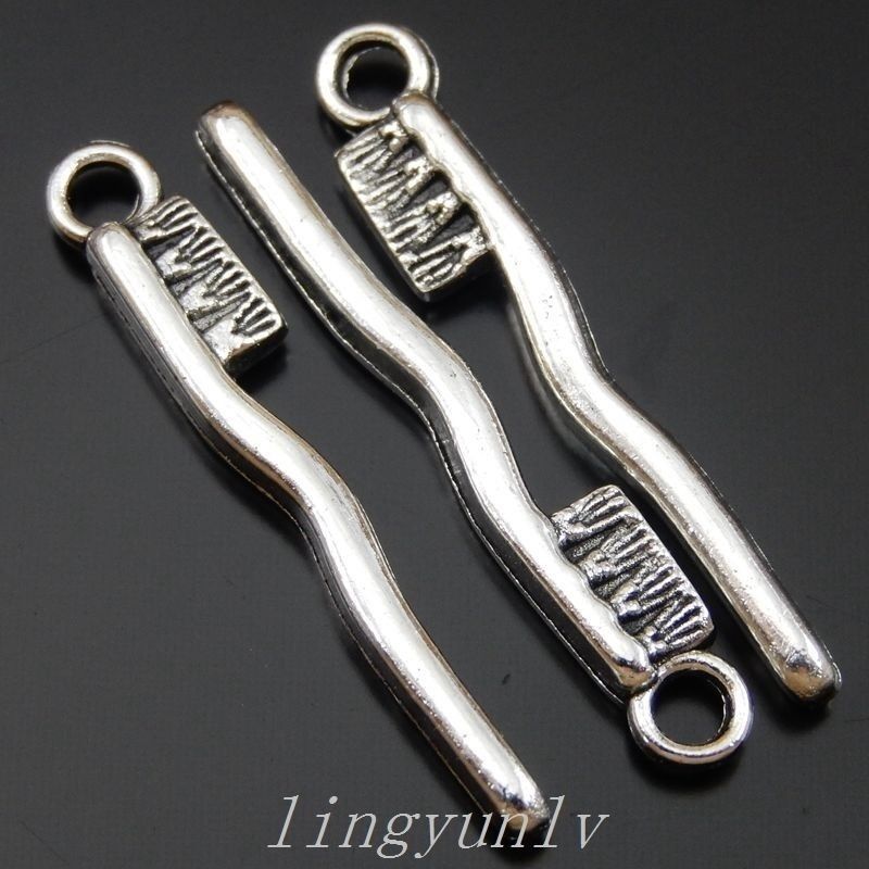29x5x3mm Antiqued Sliver Metal Toothbrush Jewelry Craft Pendant Charm 60-Pack