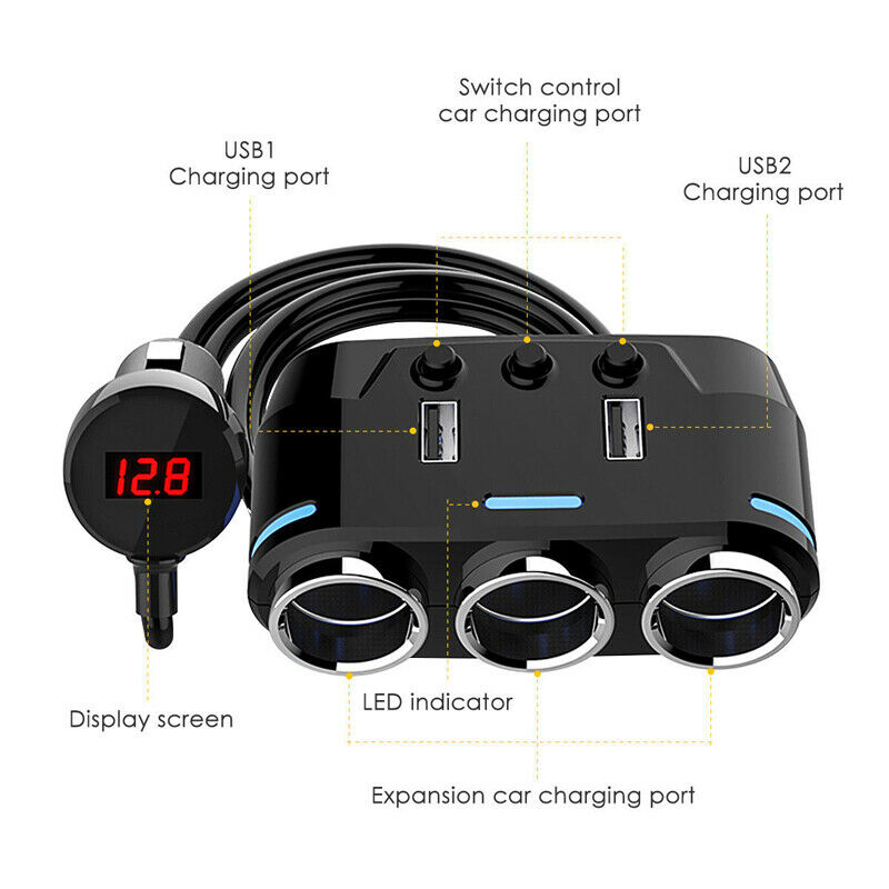 3 Way Cigarette Lighter Socket Splitter Power Adapter Dual USB Car Phone Charger