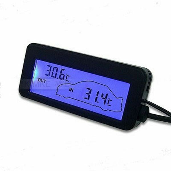 Indoor Out LCD Car Thermometer Blue Backlight - Black