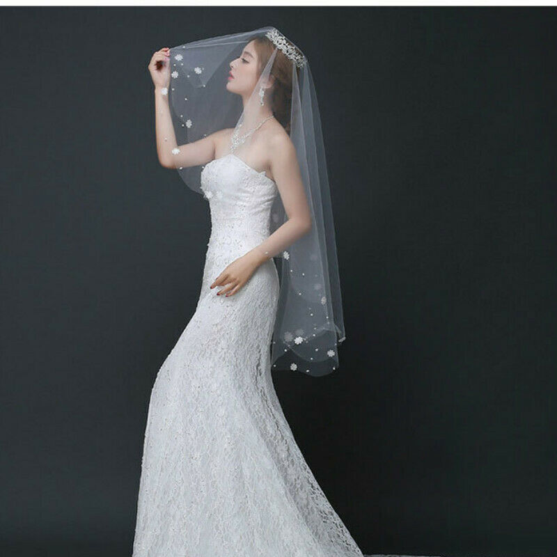 Elbow Length Wedding Bridal Veils Floral Lace Edge Beaded White Accessories New
