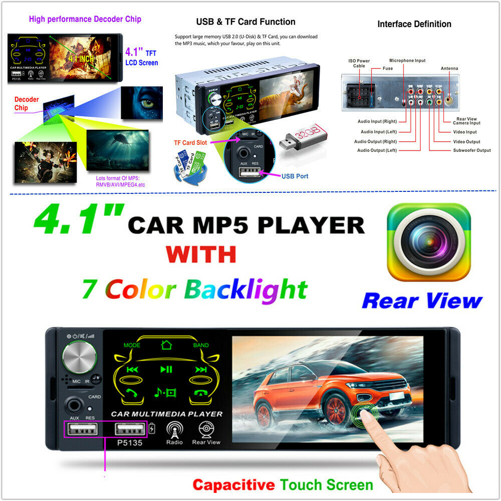 Car 4.1 inch Single Din Touch Screen MP5 Car Single Set MP3 Music Player BT FM