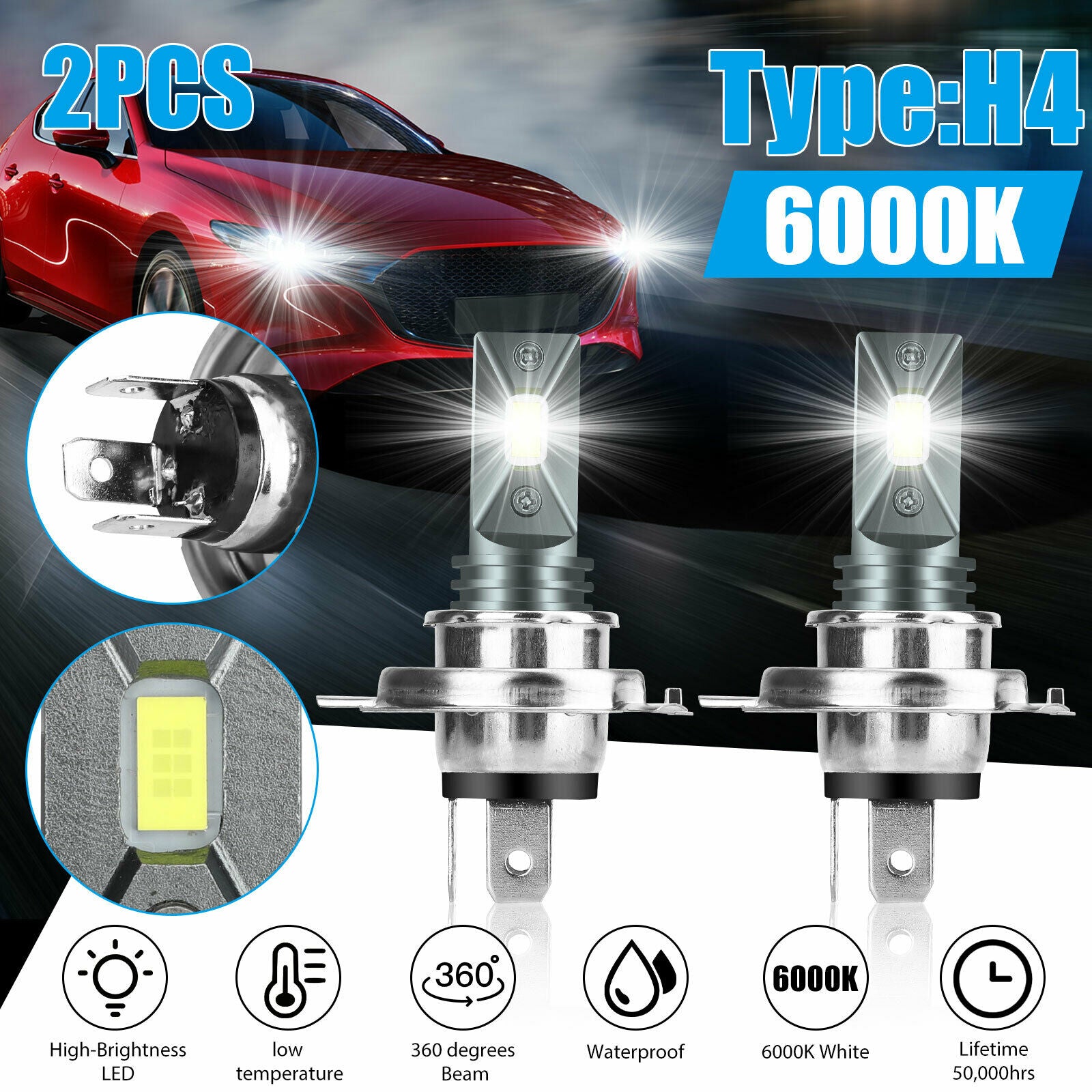 2Pcs H4 9003 HB2 LED Headlight High Low Beam Light Bulbs Kit 20000LM 6000K White