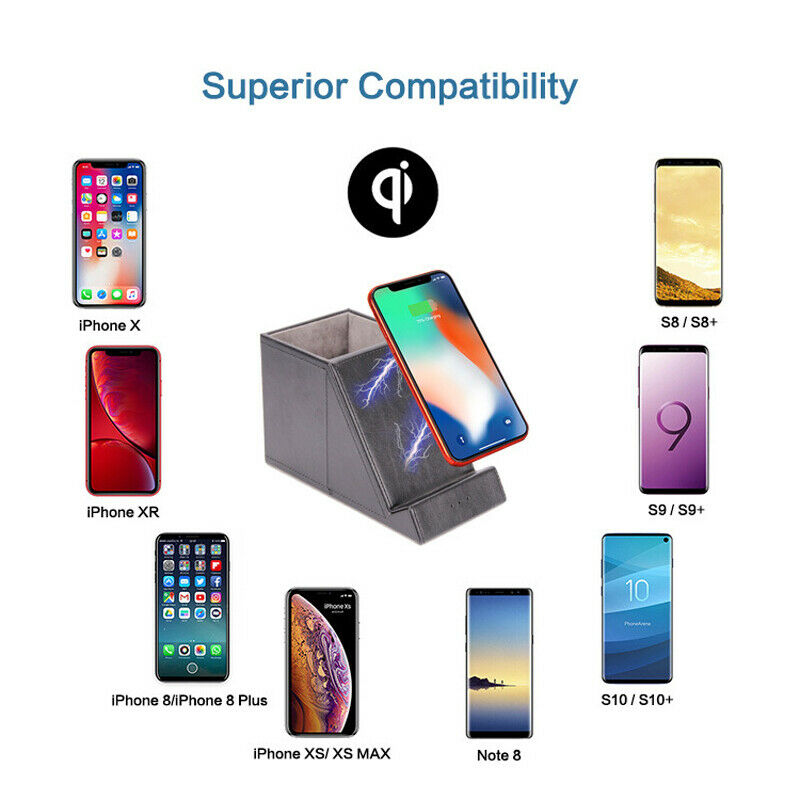 Desktop Wireless Charging Station Pen Storage Holder Case 10W Quik Fast Charge