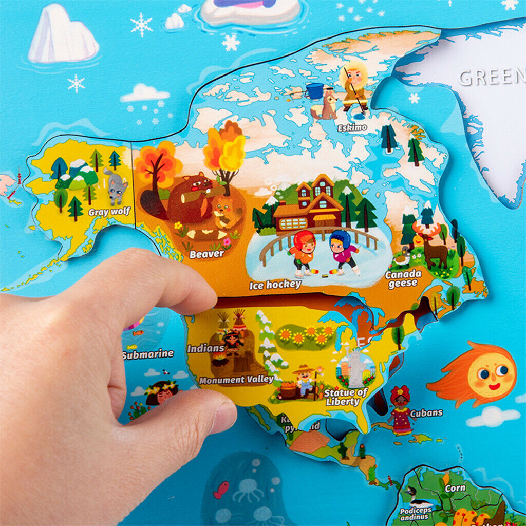 Wooden World Map Puzzles Montessori Learning Geography Block Toys for Kids