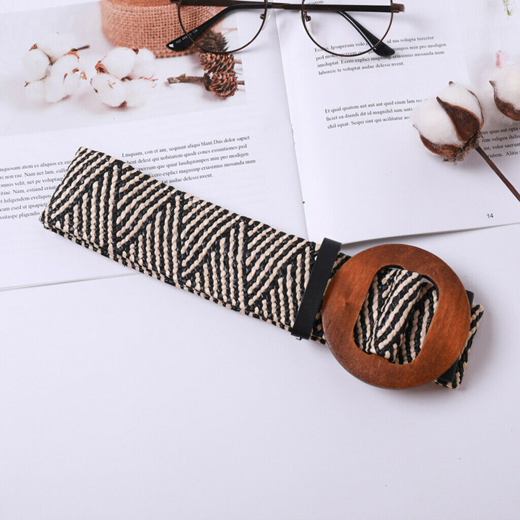 Women Braided Straw Waistband Cinch Belt with Round Wooden Buckle Stripe
