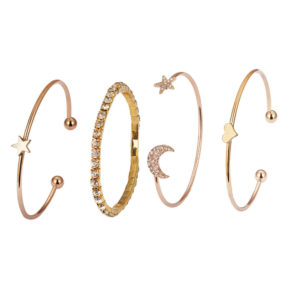 4Pcs Fashion Open Bracelets Delicate Star Moon Heart Rhinestone Bangle Set