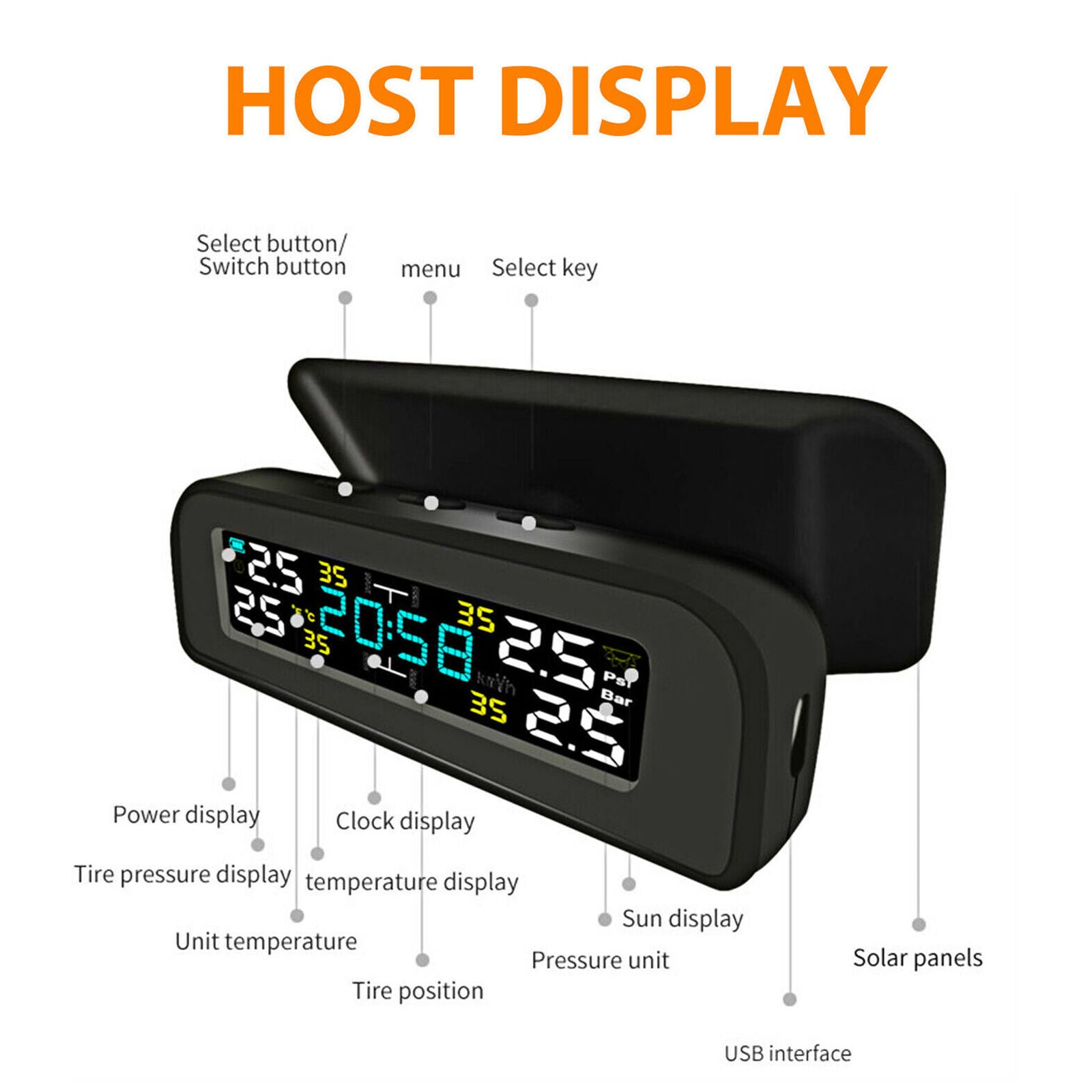 Wireless Solar TPMS LCD USB Car Tire Pressure Monitoring System 4External Sensor