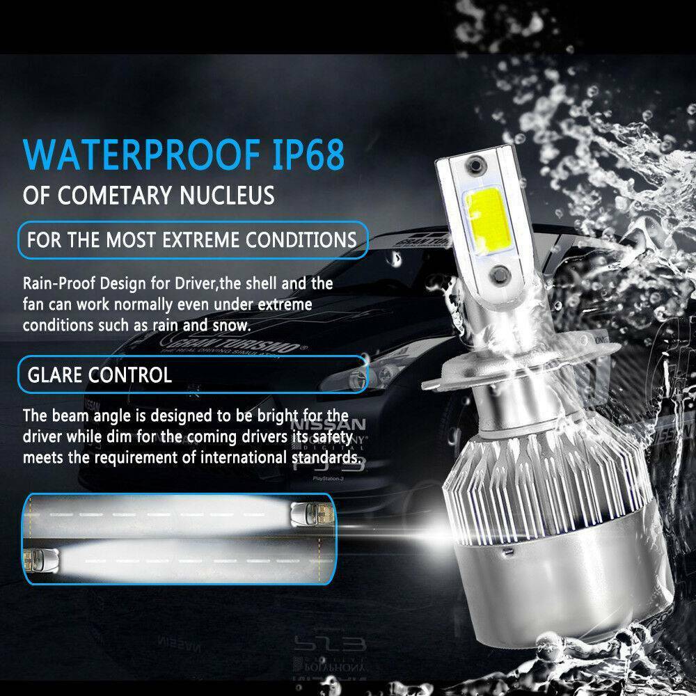 1 Pair Car COB H7 C6 12000LM 72W LED Headlight Kit Hi/Lo Turbo Light Bulbs 6000K