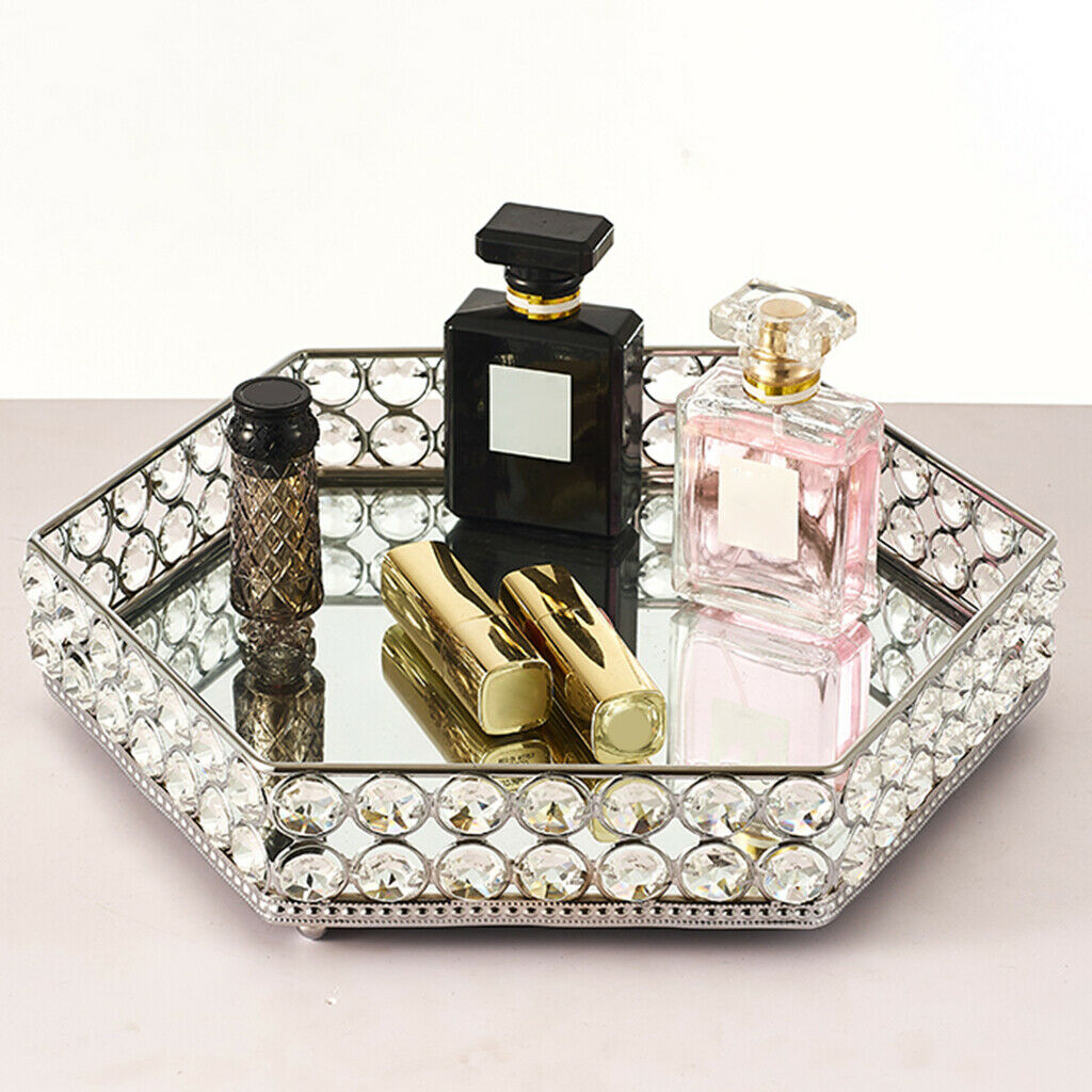 1pc Modern Mirrored Crystal Vanity Tray Ornate Trinket Desktop Decor Plate