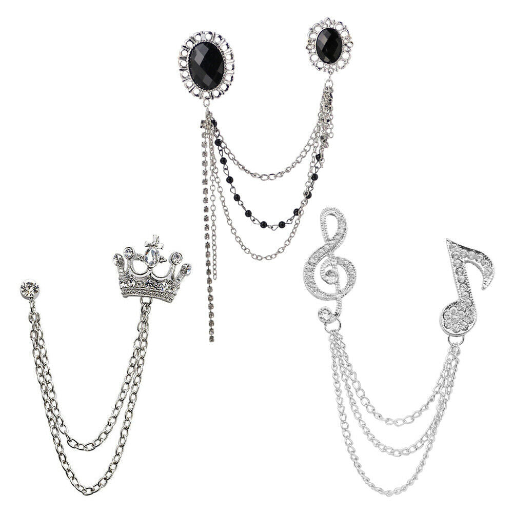 Fashion Crystal Tassels Gem MUSIC SYMBOL Crown Chain Suit Collar Brooch Pins