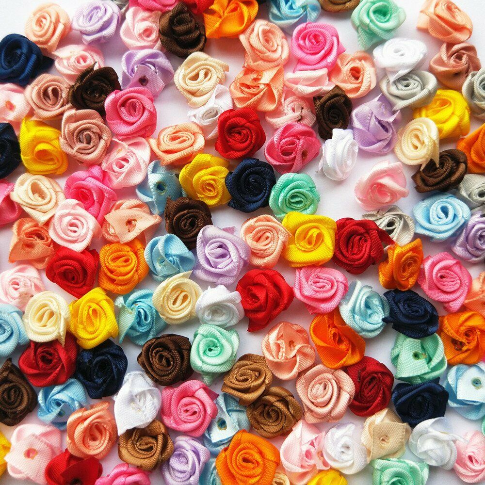 Mix 200P 12mm Small Satin Flower Ribbon Mini Rose Appliques Craft DIY Supplies