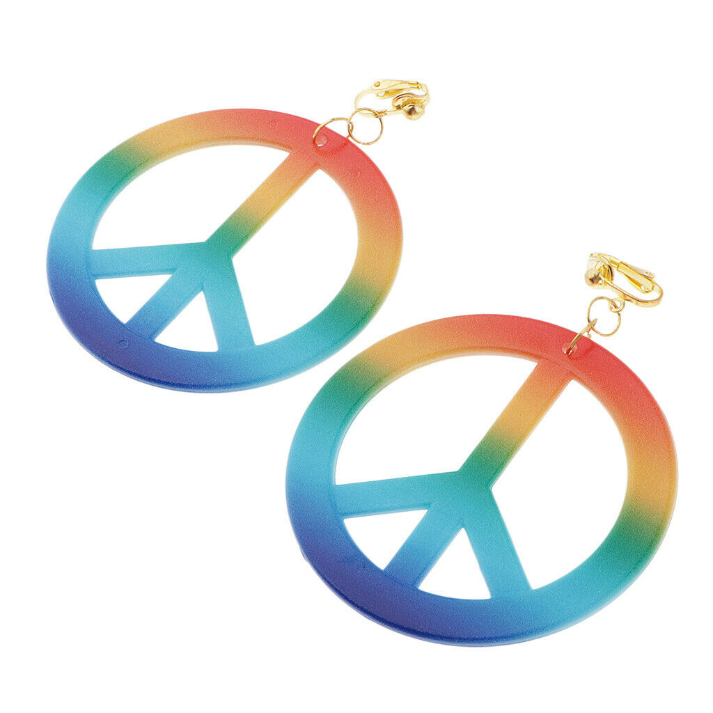 Retro Hipple Style Rainbow Peace Sign Earrings Large Ear Rings 1960's Women
