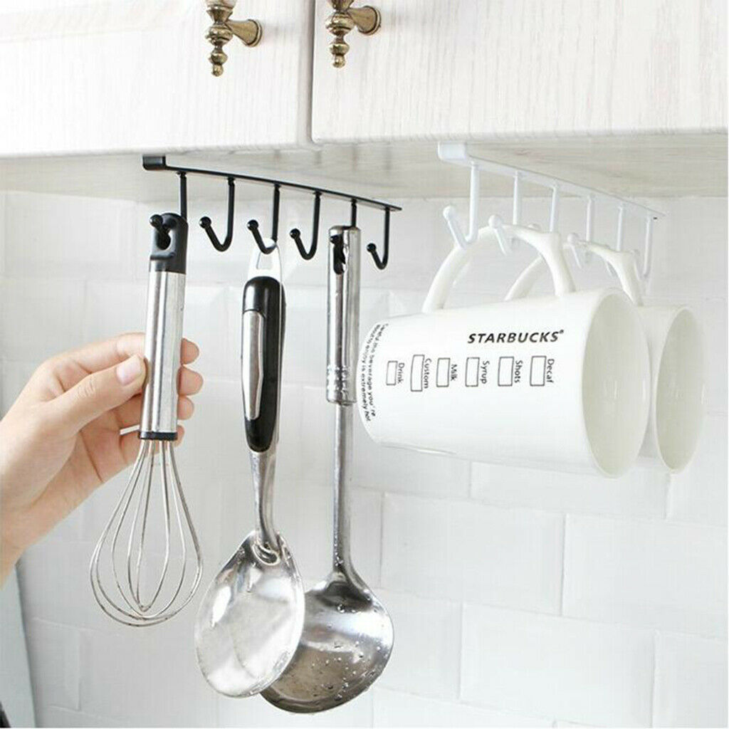 2Pcs Black 6 Hook Under Shelf Cabinet Rack Mug Tea Cup Holder Storage
