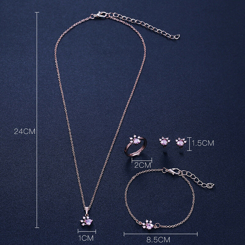 4X Footprints Paw Jewelry Set Crystal Necklace Bracelet Ring Earings Hot .l8