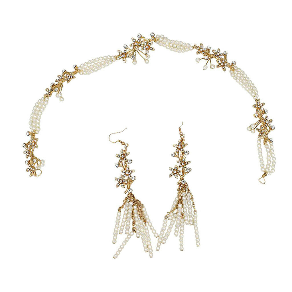 Women Bridal Hair Band Pearls Earrings Set Wedding Party Prom Headpiece