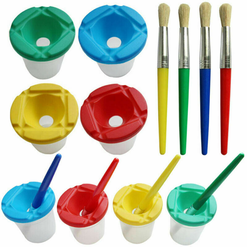 Childrens 4x Non Spill Paint Pots For Kids Assorted Coloured Lids Art and Crafts