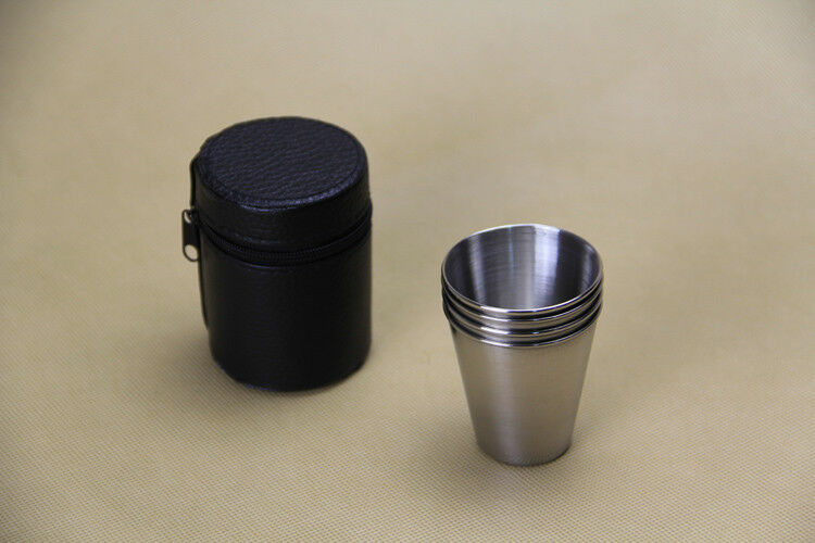 4pc Stainless Steel Shot Glass Set with Leather Case