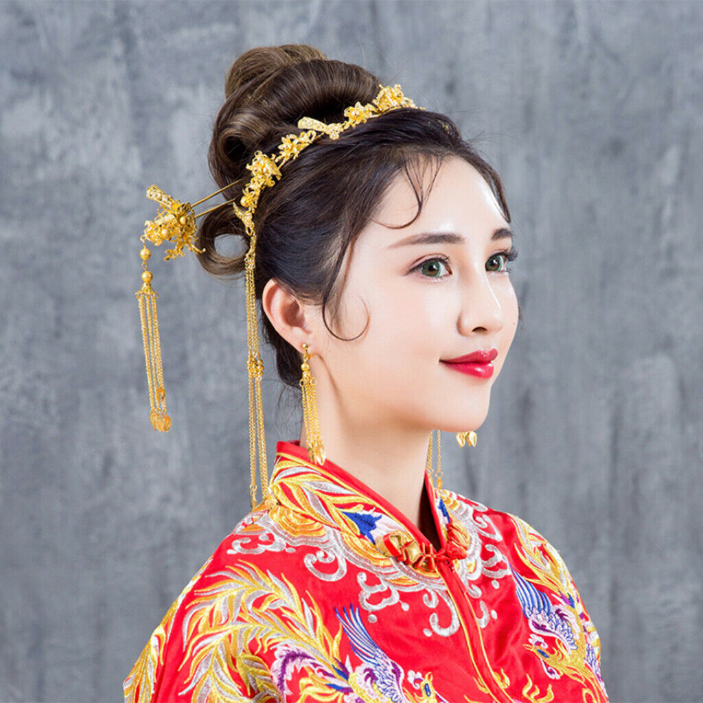 Pieces of 5 Classic Chinese Crown Headband Earrings Hairpins Wedding Bridal