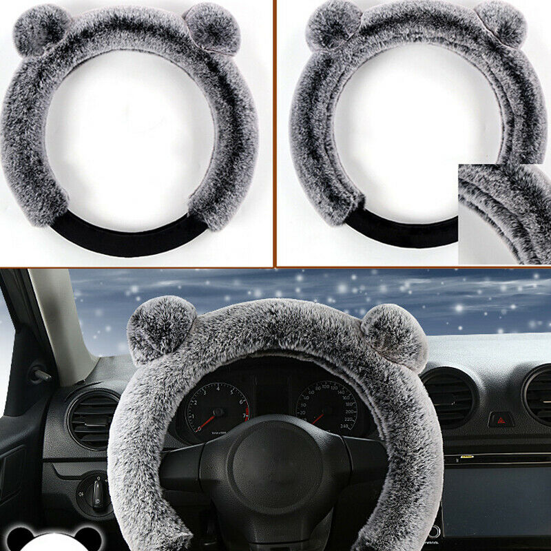 3Pcs/Set Fur Wool Furry Fluffy Thick Car Steering Wheel Cover Gray  Winter 38cm