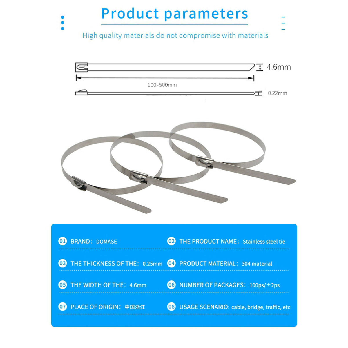 100 Count Stainless Steel Cable Ties Self Locking Zip Ties 4.6x200mm