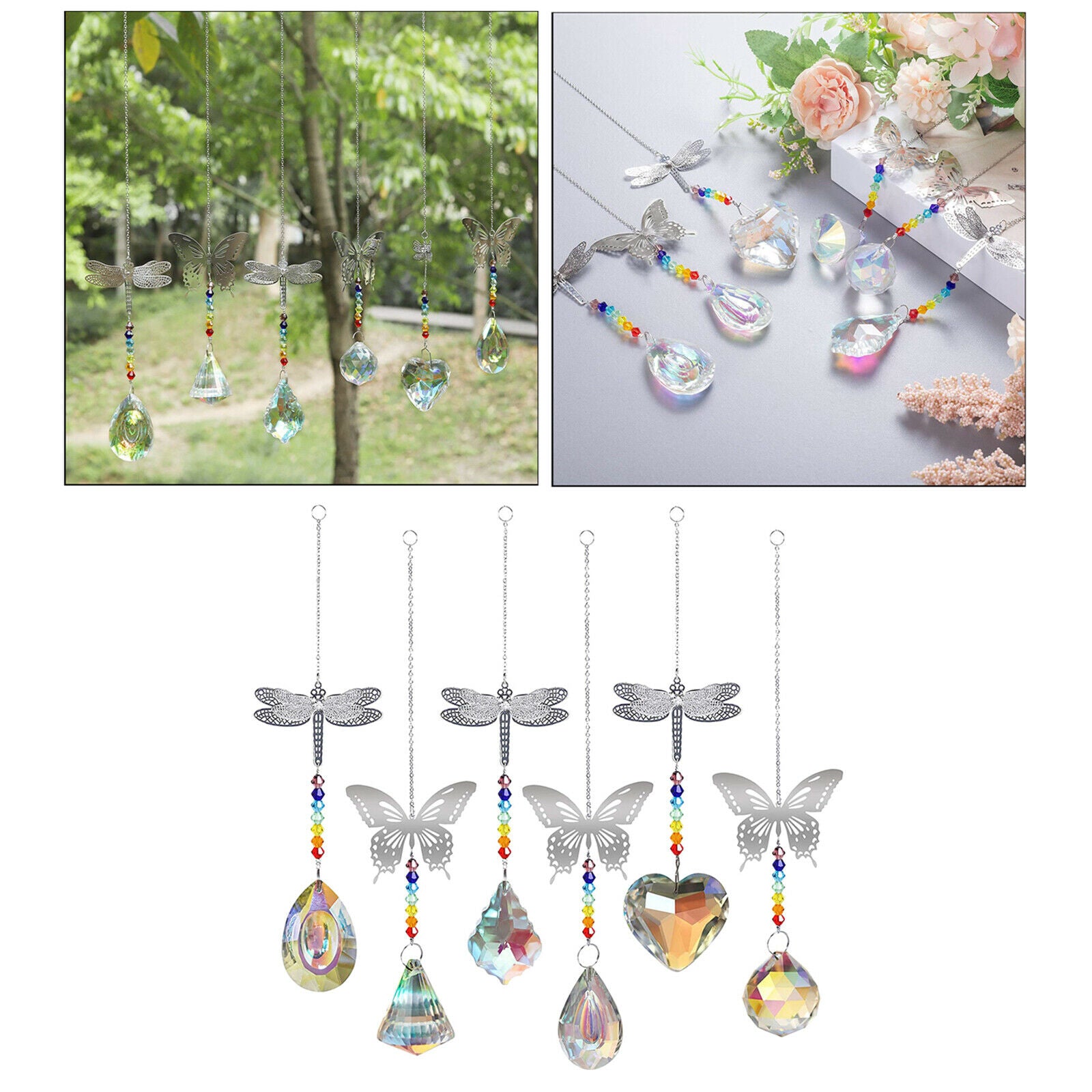 6Pcs AB Color Crystal Suncatcher Prisms Rainbow Maker Dragonfly Decoration