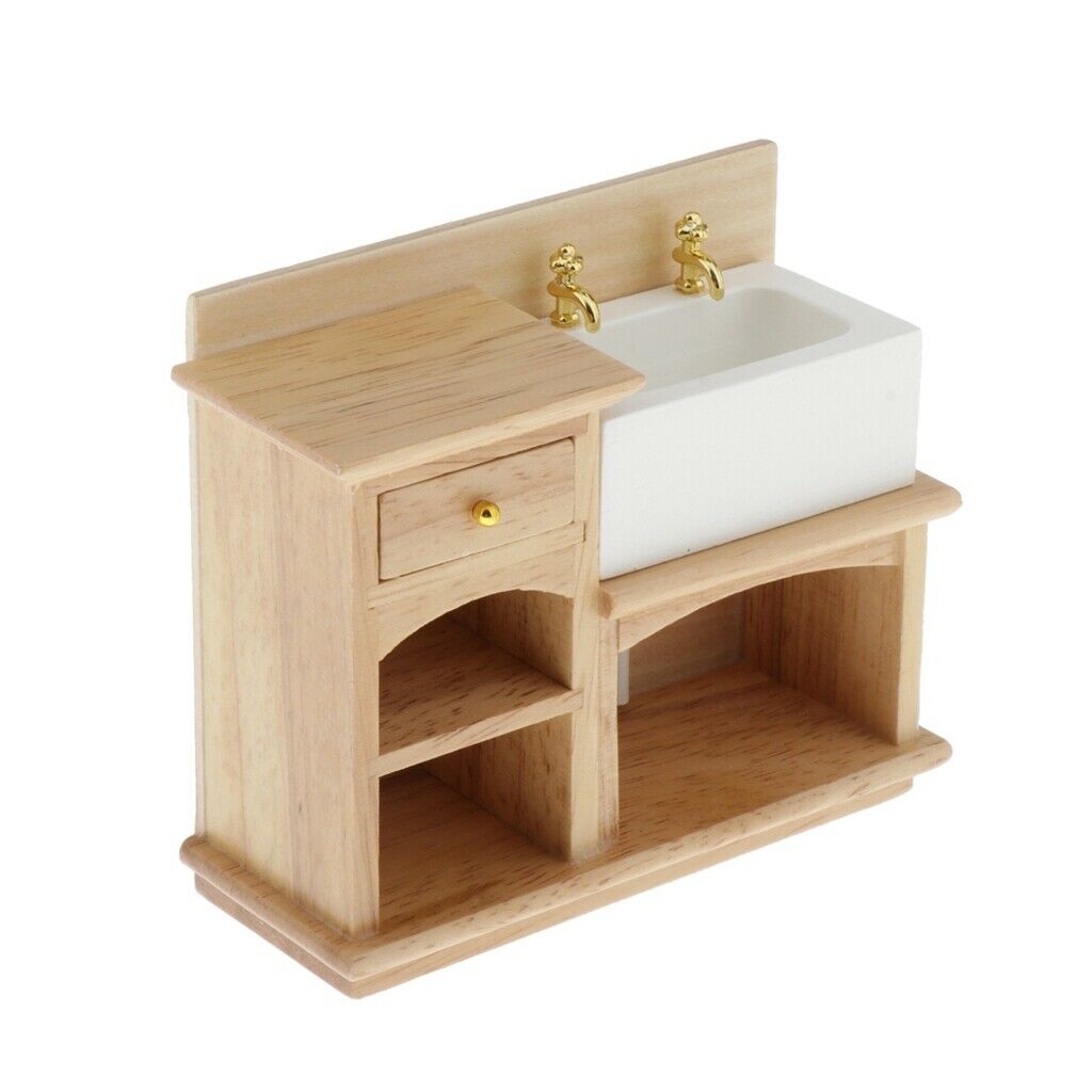 1:12 Handmade Wooden Hand Basin Sink Cabinet for Bathroom Kitchen Accessory