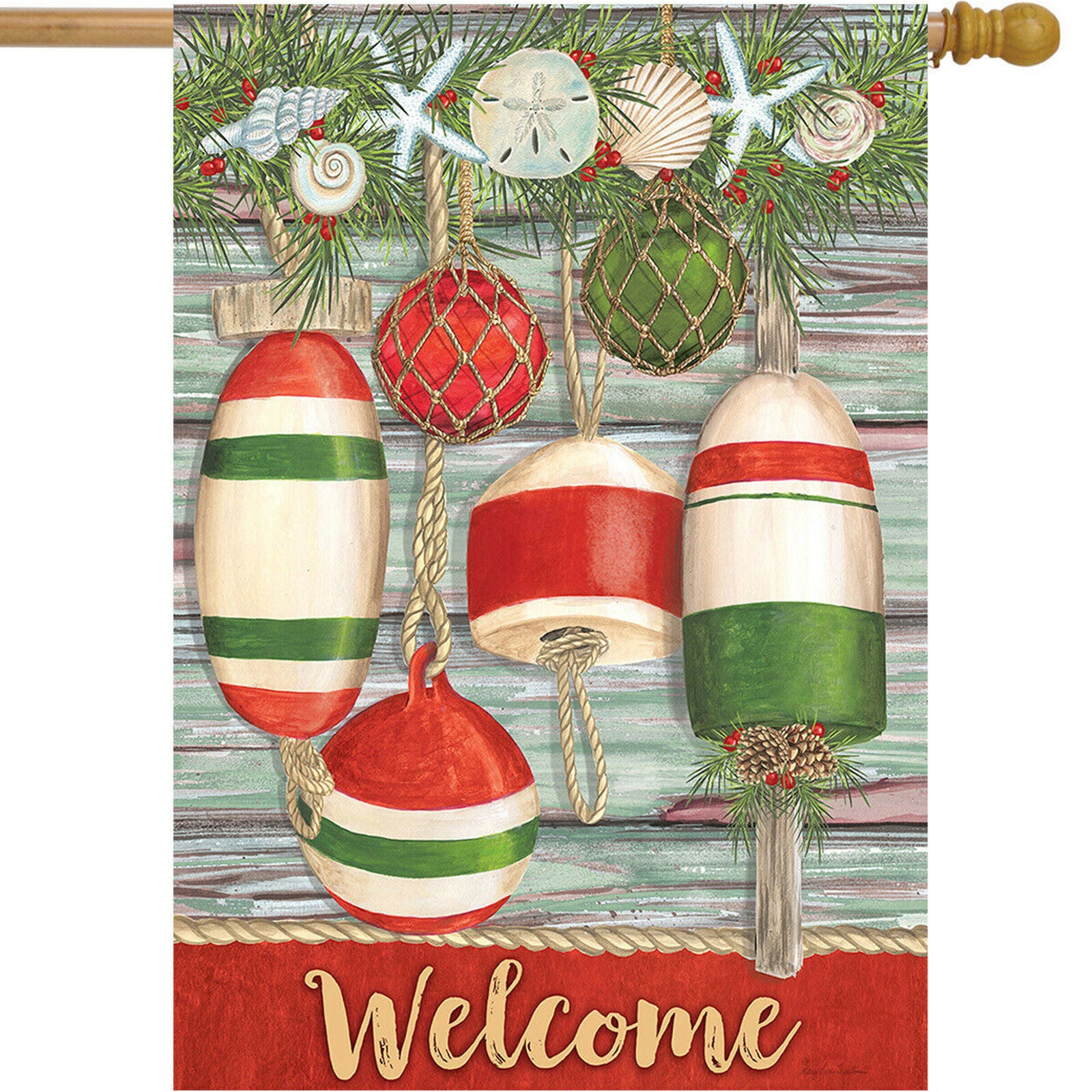 Festive Buoys Christmas House Flag Nautical Seashells 28" x 40" Briarwood Lane