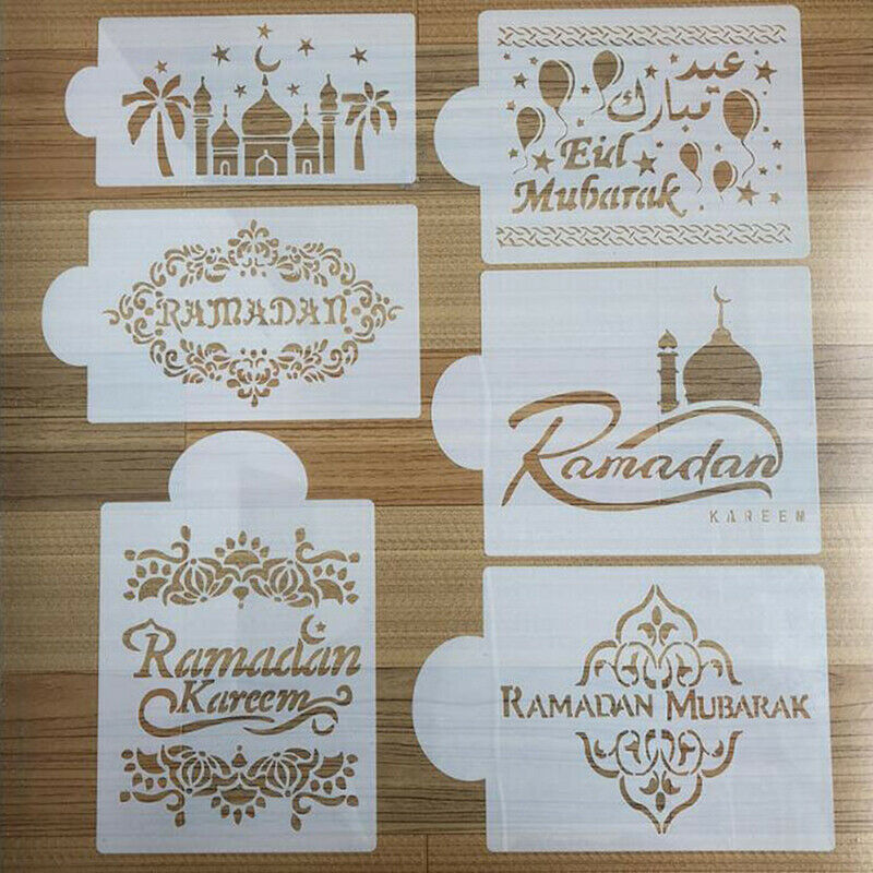 6Pcs/Set Eid Mubarak Ramadan Coffee Flower Spray Stencils Cake Decorating.l8