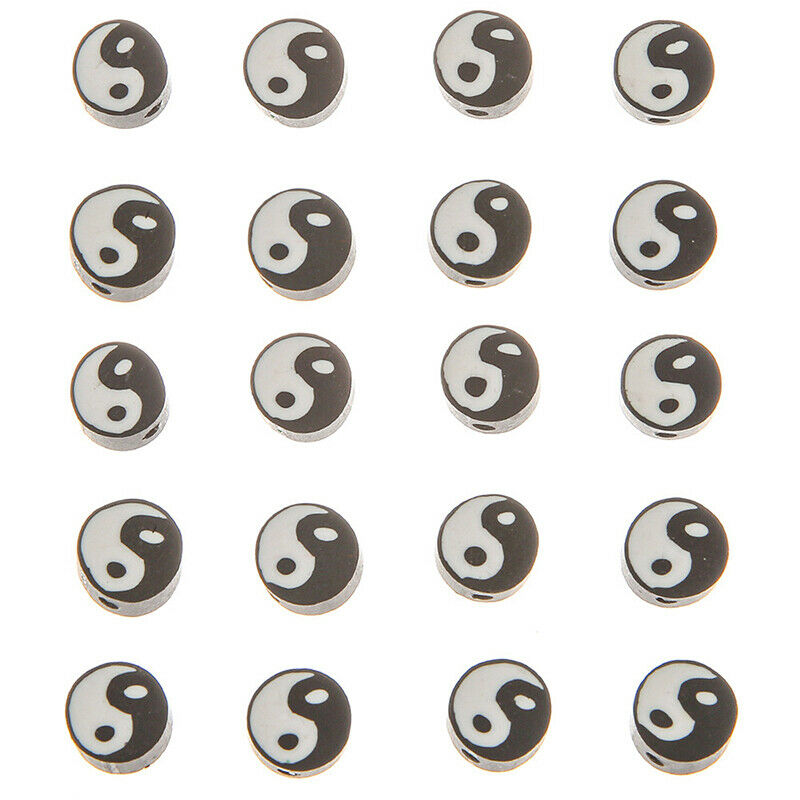 50pcs10mm Black Tai Chi Design Polymer Clay Spacer Loose Beads for JewelryY DF