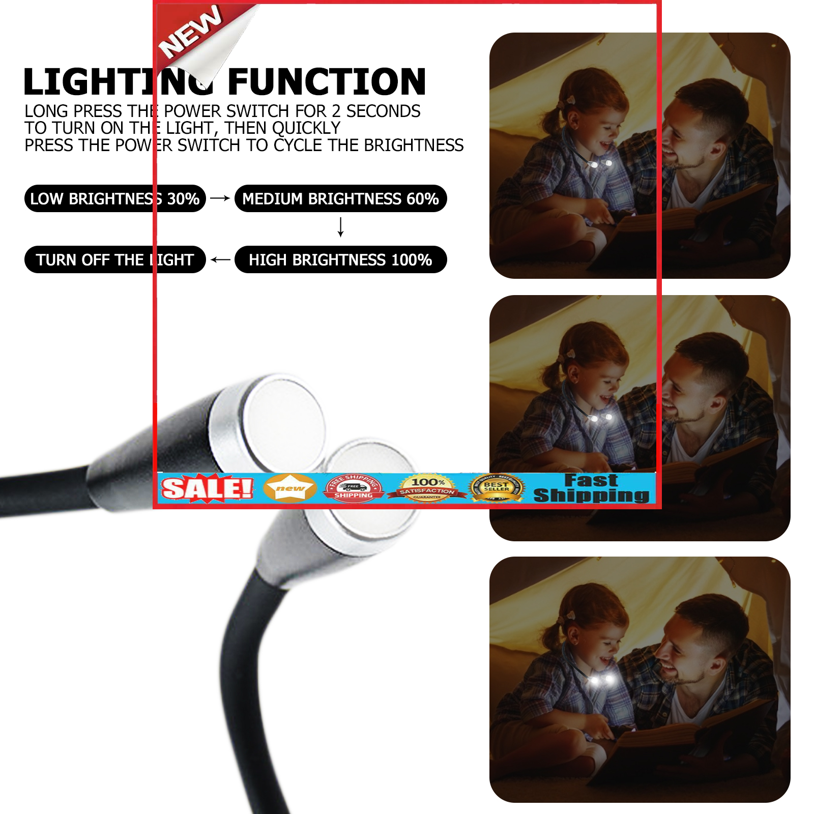 LED Neck Book Reading Light, 3 Brightness Level, Flexible Lamp for Knitting