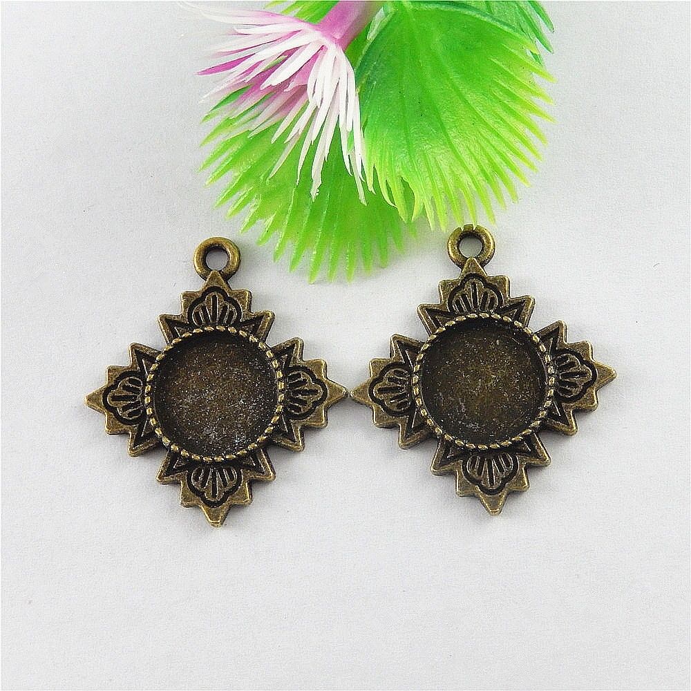 20 pcs Antiqued Bronze Base Setting Round 12mm Flower Bezel Pendant Alloy Crafts