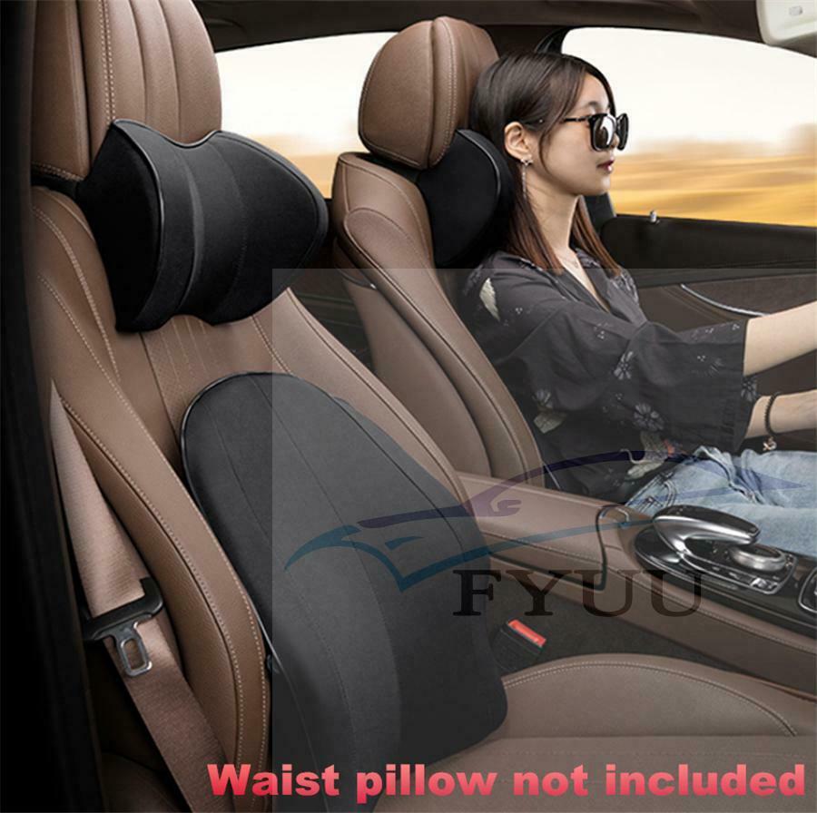 2pc Black Leather Car Seat Neck Pillow Auto Memory Foam Headrest Travel Cushion
