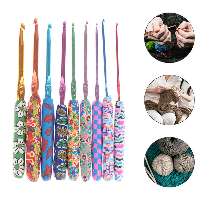 9Pcs Colourful Crochet Hook Set Ergonomic Handles Knitting Needles Sewing T Kt
