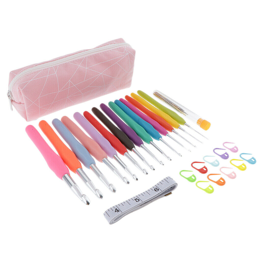 Crochet Hooks Kit - 14pcs Knitting Hook and 10 Crochet Locking Marker Pink