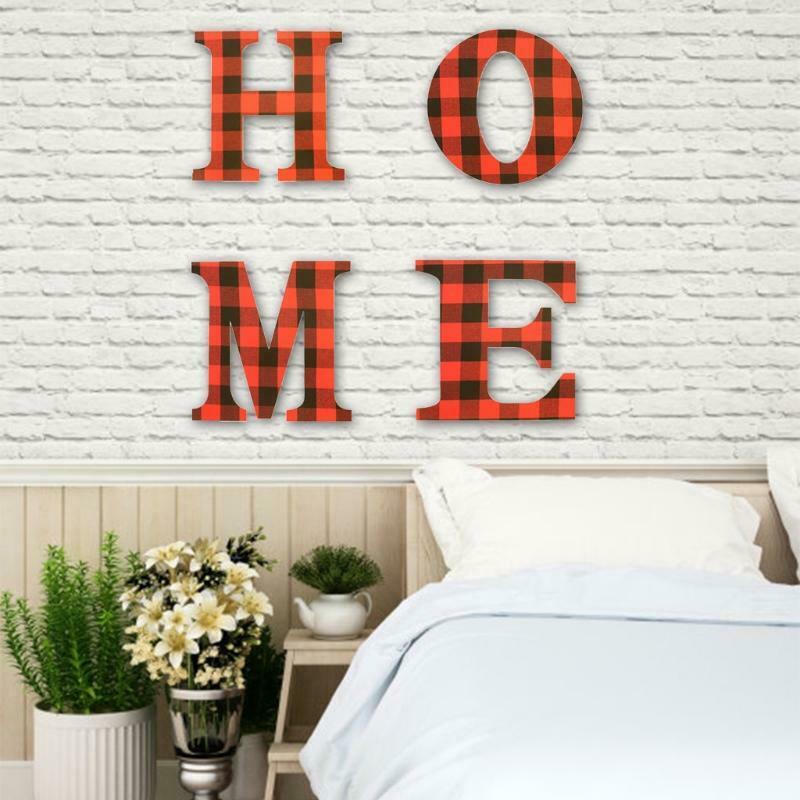 4 Pcs Letter Sign Joy Plaid Letter Wooden Decoration for Home Door Ornaments