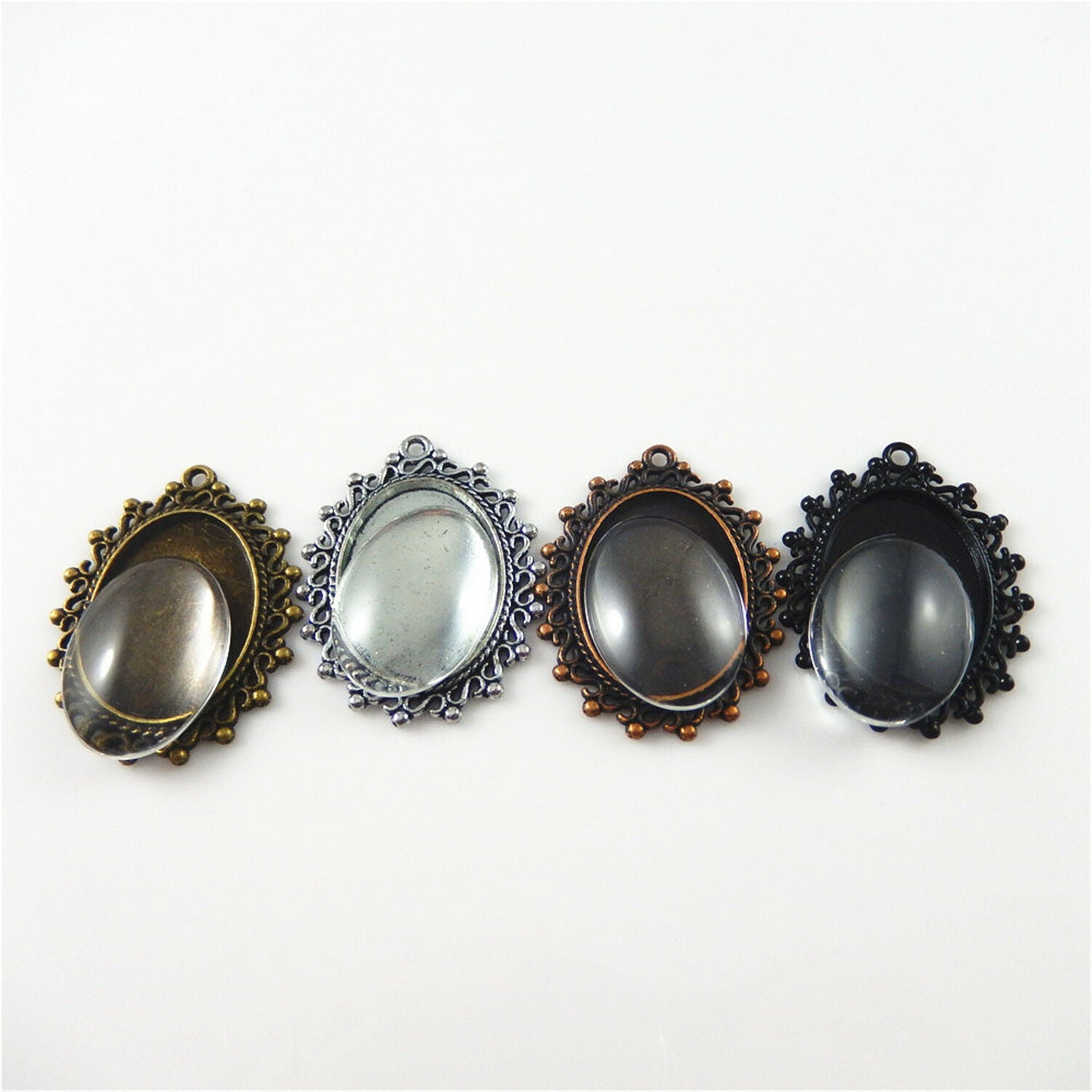5 Sets Oval 25x18 mm Clear Glass Cameo + Bezel Charm Pendant #53484