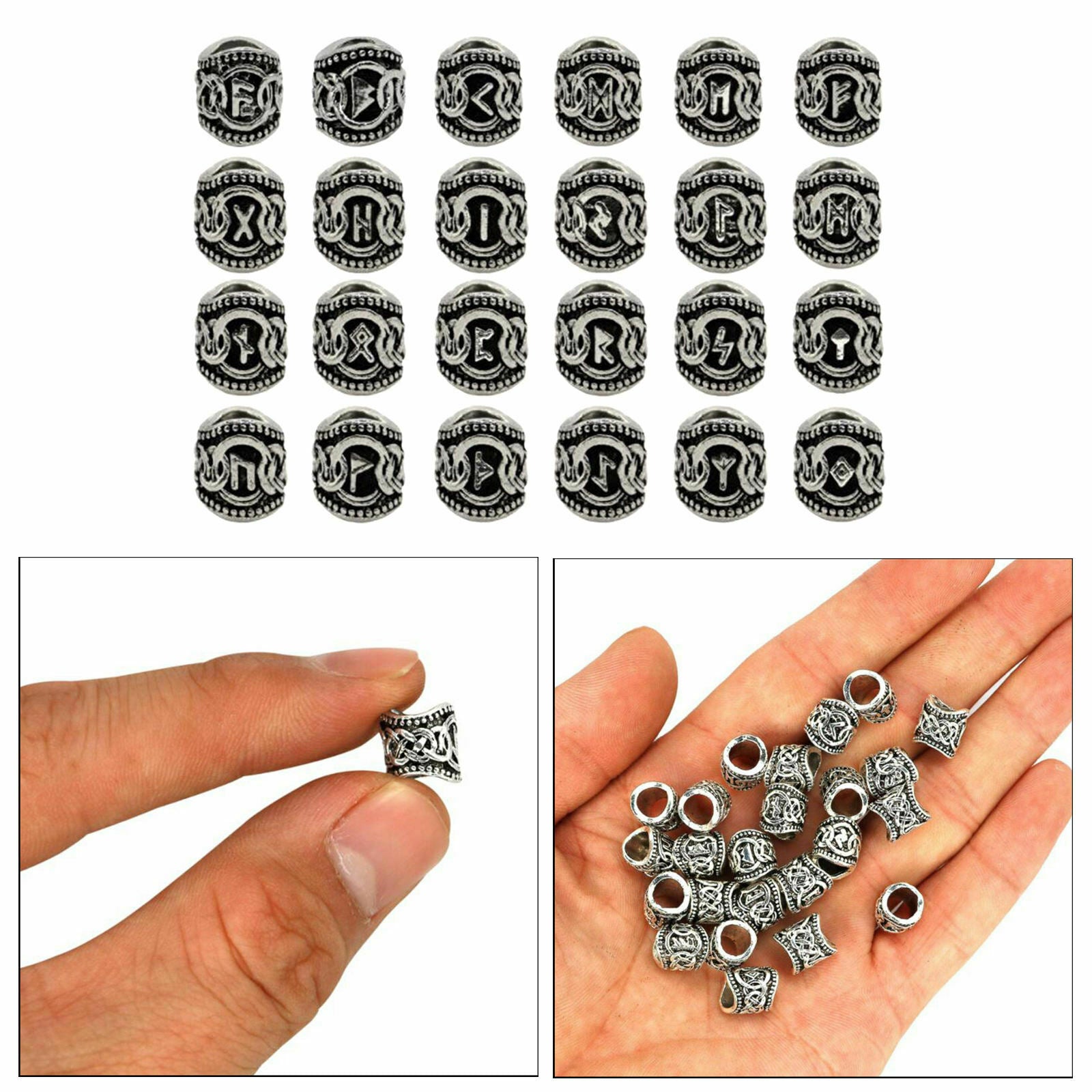Hair Beads 24 Pcs Viking Rune Beads Sliver  Rings 0.51"  Rings