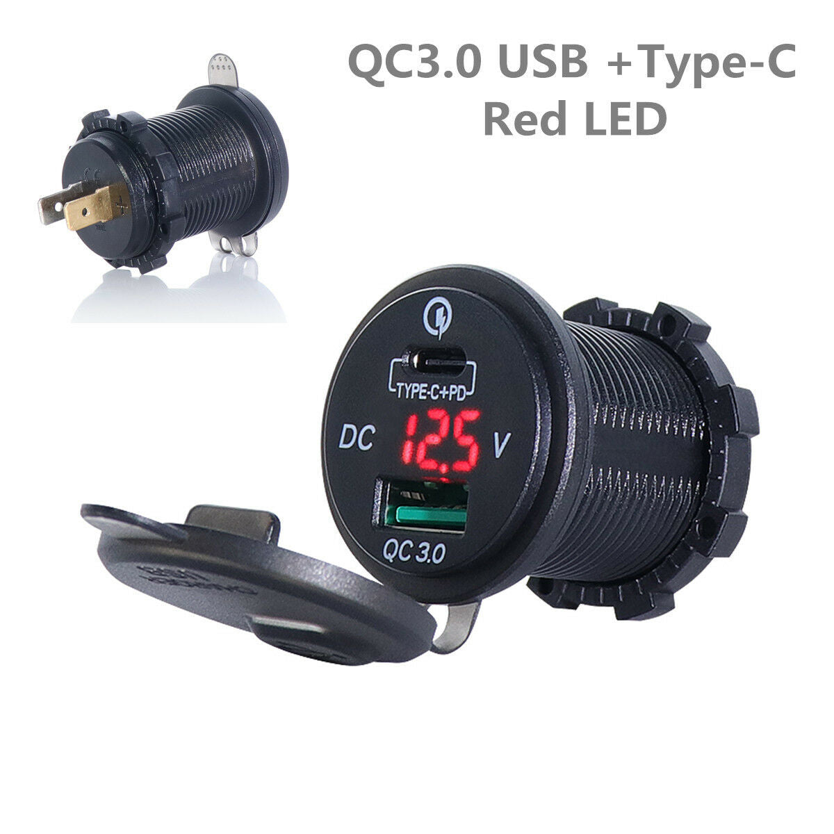 Universal Motorcycle QC3.0 USB +Type-C Ports LED Digital PD Fast Charger Adapter