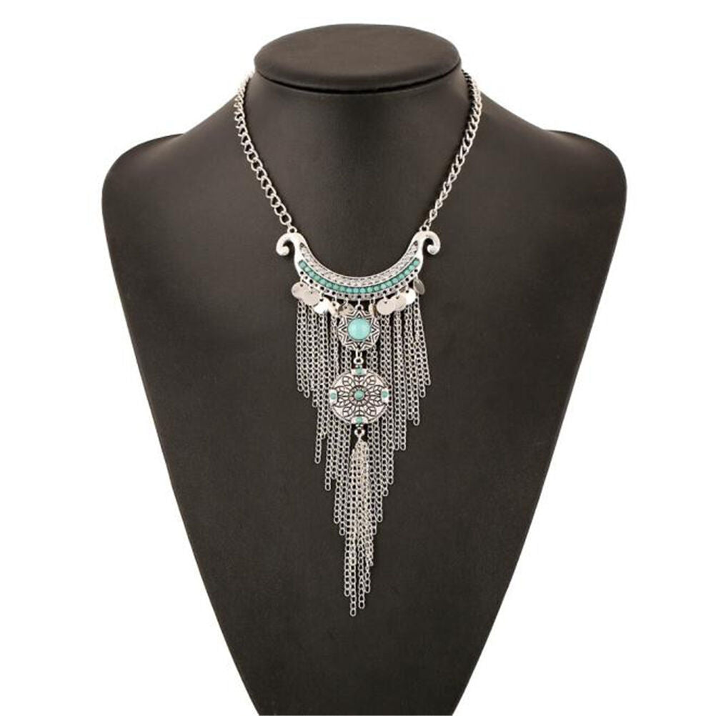 Retro Bohemian Gypsy Style Turquoise Tassel  Chain Choker Pendant Necklace B Tt