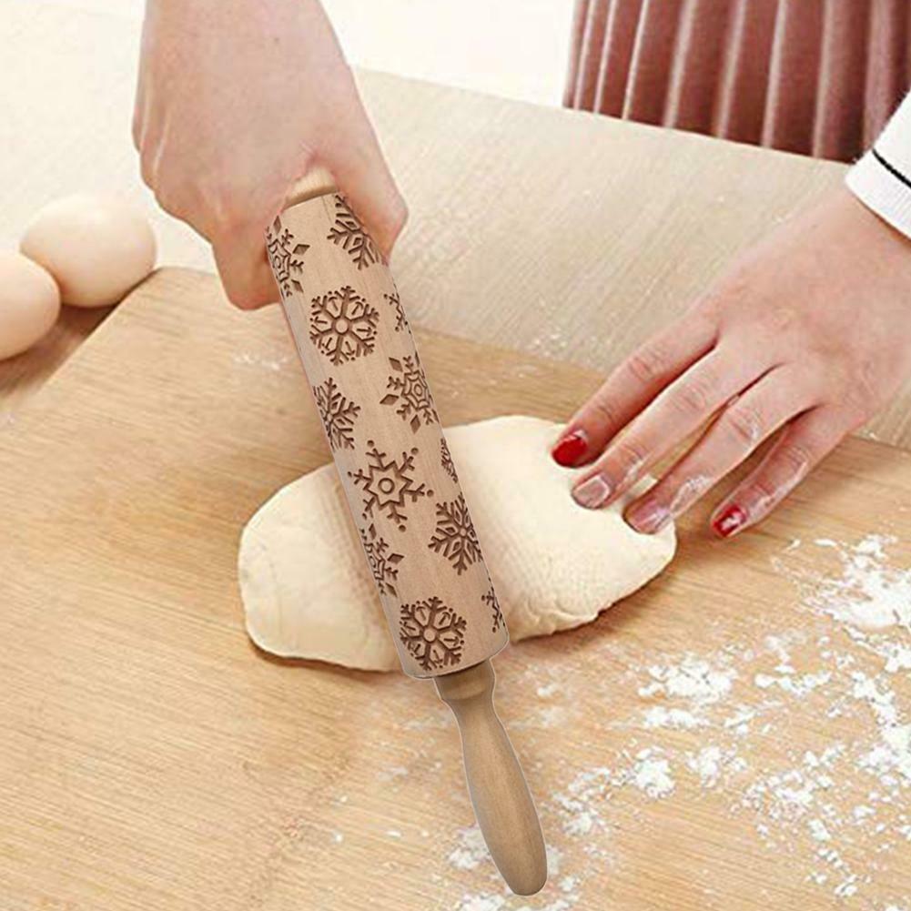 Wood Christmas Gift Embossed Rolling Pins Embossing Baking Cookies Tool @