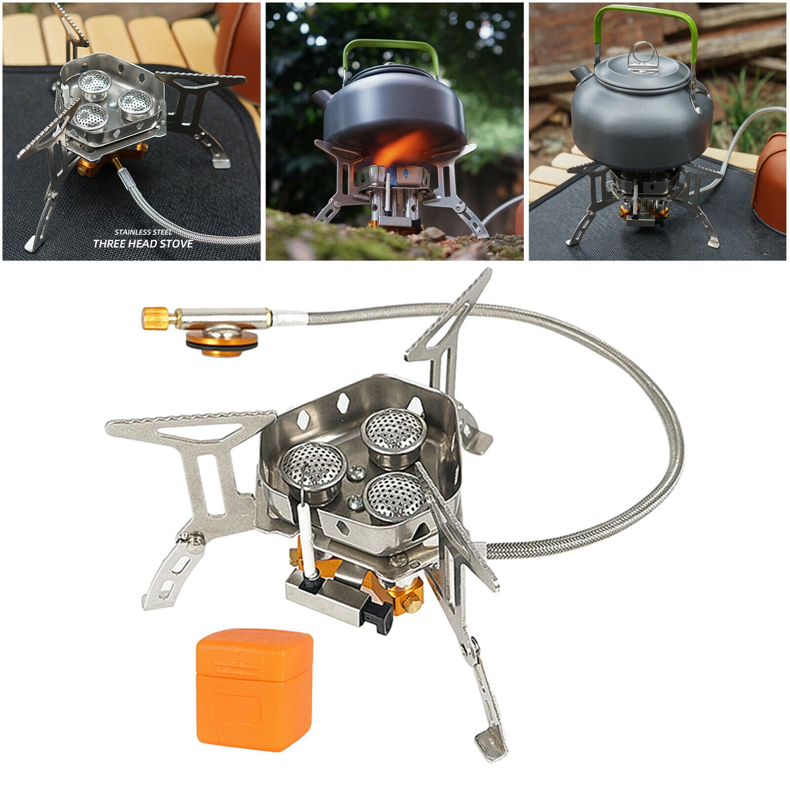 5800W Windproof Camping Stove Backpack Stove 3 Furnaces Heads for Picnic