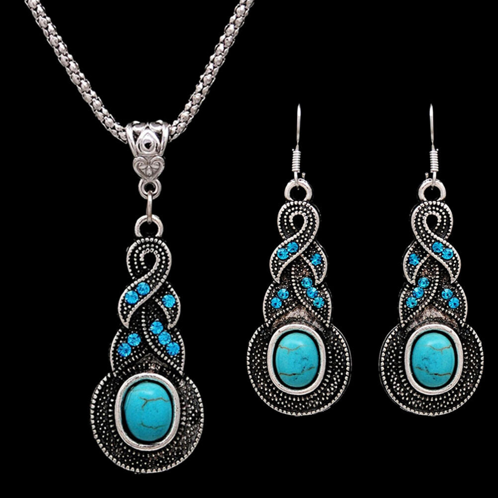 Elegant RetroBDurquoise Dangel Hook Earrings & Necklace Jewelry S.l8
